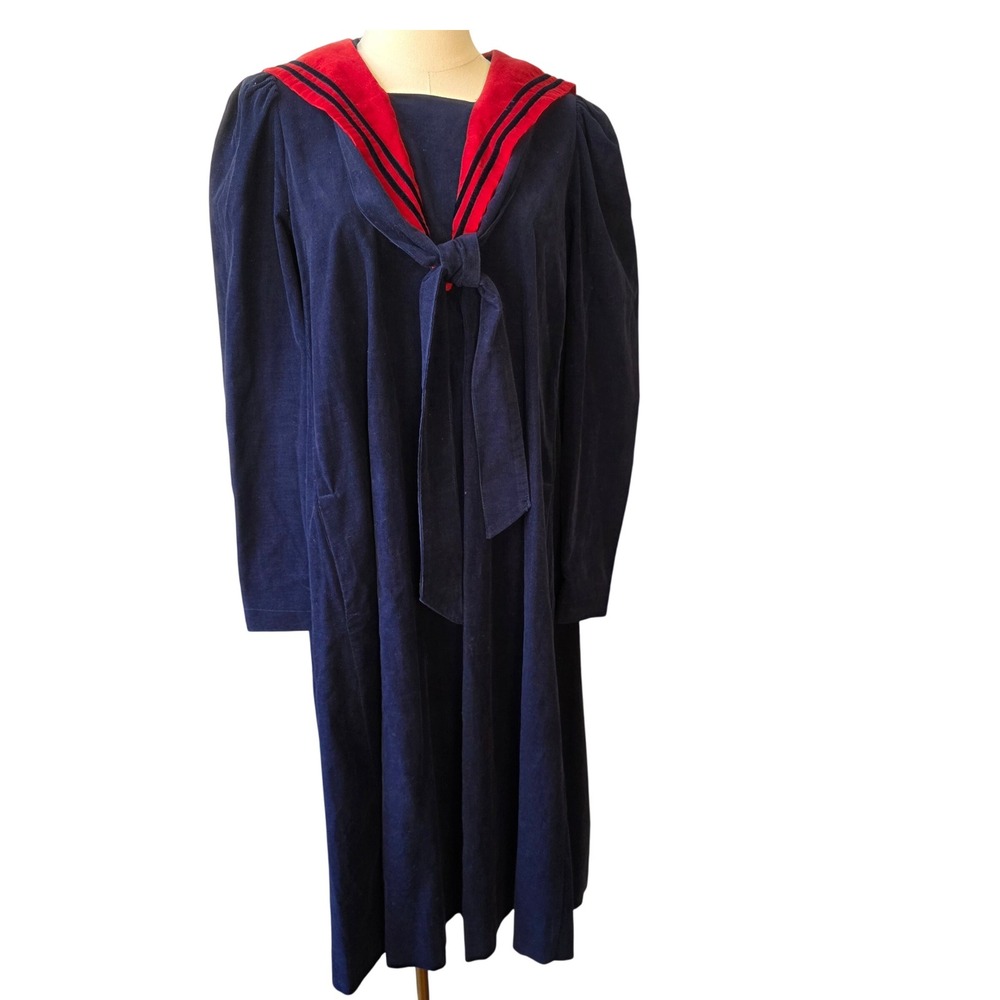 VTG LAURA ASHLEY Navy‎ Blue Red Corduroy Midi Sailor Dress 10 Great Britain 80's